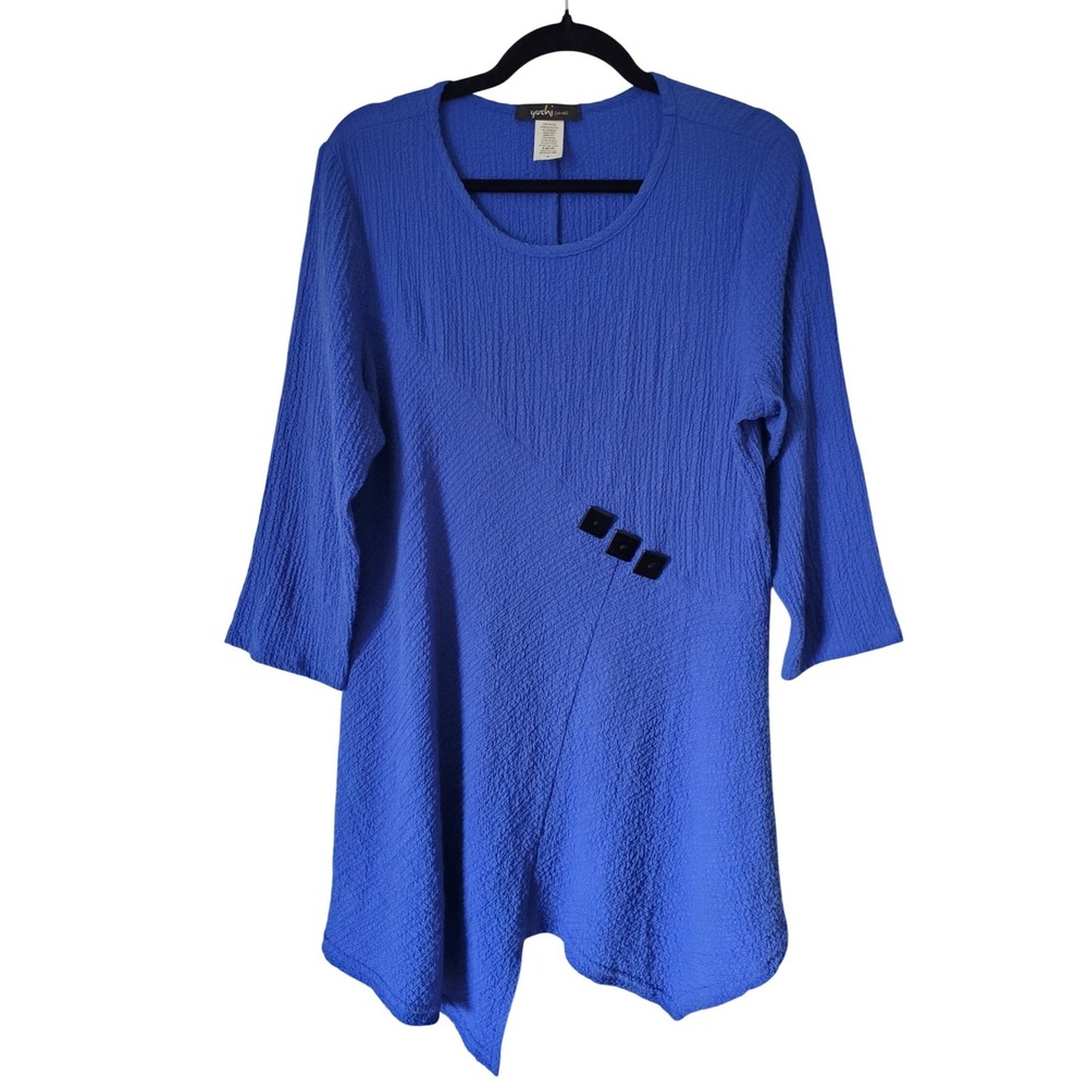 Yushi Womens M Blue Crinkle Asymmetrical Tunic Top Art To Wear Lagenlook Unique